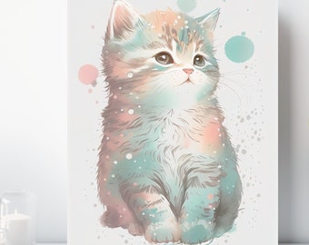 Happy Cat Canvas Print, Wrapped Canvas, Colorful Nursery Wall Art, Ready to Hang