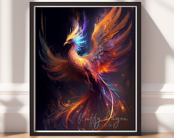 Neon Phoenix Digital Art Print, Downloadable Print, Colorful Fantasy Wall Art