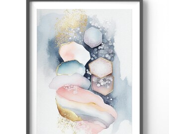 Pastel Watercolor Poster, Matte Vertical Posters, Gold Abstract Wall Art, Colorful Print