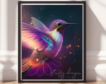 Hummingbird Art Print - Vibrant Digital Download, Fantasy Bird Wall Art, Colorful Nature Decor, Celestial Hummingbird Painting