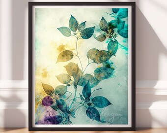 Botanical Art v9, Digital Download, Printable Art, Colorful Painting, Modern Prints, Leaves Decor, Abstract Painting