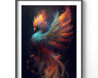 Neon Phoenix Poster, Matte Vertical Posters, Fantasy Wall Art, Fire Bird Print