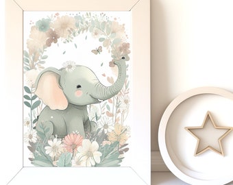 Digital Download |  Baby Elephant v4 | Printable Art | Digital Print Wall Art | Art Print | Nursery Wall Art | AI Art Print | Watercolor Art