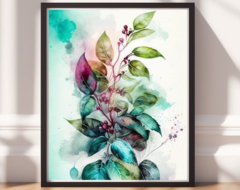 Botanical Art v17, Digital Download, Printable Art, Colorful Painting, Modern Prints, Leaves Decor, Abstract Painting