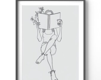 Bookish Line Art Poster, Matte Vertical Posters, Minimalistic Wall Art, Book Worm Print