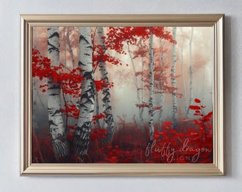 Birch Trees Digital Print | Red Autumn Decor, Fall Instant Download Art for Home & Office Decor