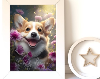 Corgi Wall Decor, Baby Corgi Puppy Wall Art, Dog Lover Digital Print with Pink Flowers, Pet Portrait Welsh Corgi Digital Prints