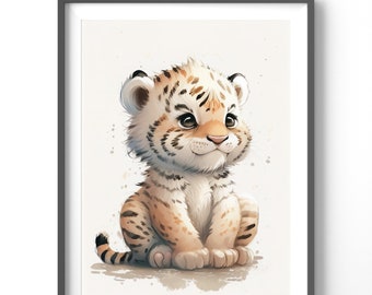 Baby Tiger Cub Poster, Matte Vertical Posters, Watercolor Wall Art, Nursery Animal Print