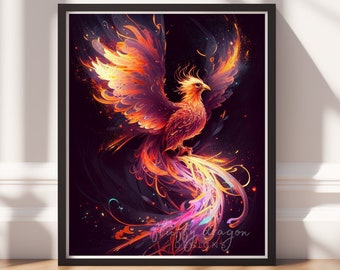 Neon Phoenix Digital Art Print, Downloadable Print, Colorful Fantasy Wall Art