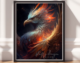 Neon Phoenix Digital Art Print, Downloadable Print, Colorful Fantasy Wall Art