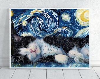 Cat Poster - Starry Night Art Print | Calico Cat Wall Decor | Unique Art Gift for Pet Lovers & Home Decor