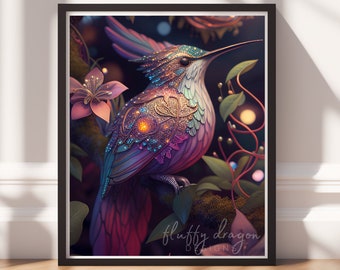 Enchanted Hummingbird Art - Fantasy Bird Wall Print - Vibrant Nature Digital Download - Mystical Floral Decor