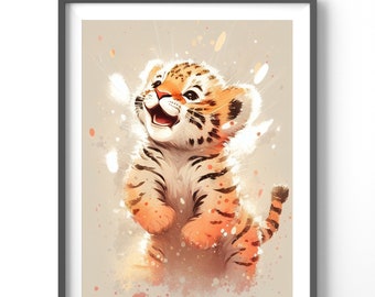 Baby Tiger Cub Poster - Watercolor Wall Art for Nursery, Matte Vertical Animal Print, Cute Baby Room Decor % Kids Wildlife Art
