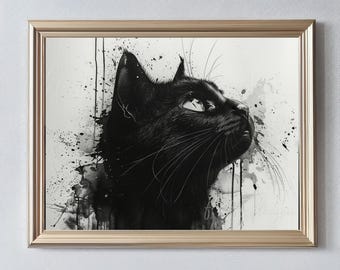 Black Cat Art | Black & White Animal Art Print | Digital Download Printable Decor for Cat Lovers