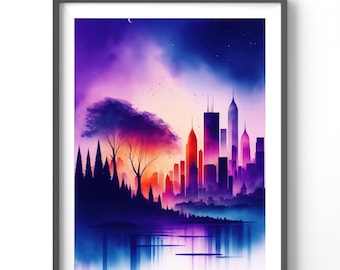 Cityscape Poster - Colorful Watercolor Urban Art Print - Matte Vertical Wall Décor for Home & Office