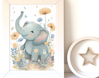 Digital Download |  Baby Elephant v5 | Printable Art | Digital Print Wall Art | Art Print | Nursery Wall Art | AI Art Print | Watercolor Art