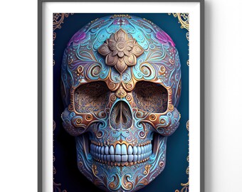 Skull Poster - Sugar Skull Wall Art, Matte Vertical Fantasy Print for Home Decor, Unique Decor