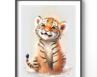 Baby Tiger Cub Poster, Matte Vertical Posters, Watercolor Wall Art, Nursery Animal Print