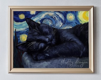 Black Cat Digital Art - Starry Night Animal Wall Art, Unique Home Decor, Cat Lovers Gift, Whimsical Midnight Design