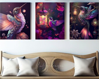Set of 3 Hummingbird Artwork | Digital Download | Printable Bird Art for Home Decor & Gifts