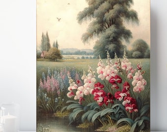 Vintage Country Flower Canvas Print, Wrapped Canvas, Landscape Wall Art, Ready to Hang