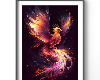 Neon Phoenix Poster, Matte Vertical Posters, Fantasy Wall Art, Fire Bird Print