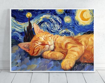 Cat Poster - Starry Night Animal Wall Art featuring Orange Tabby - Beautiful Home Decor for Cat Lovers & Art Enthusiasts
