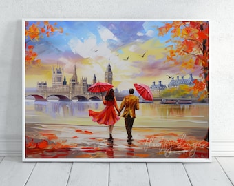 London Poster, Autumn Wall Art, Big Ben Print, Vintage City Decor, Home Decor, Travel Gift, Urban Art, Fall Aesthetic