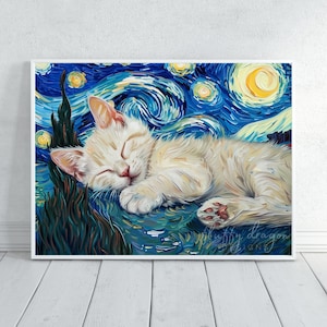 White Cat Poster Print | Starry Night Wall Art | Cute Cat Decor for Home, Nursery, or Office | Unique Animal Artwork