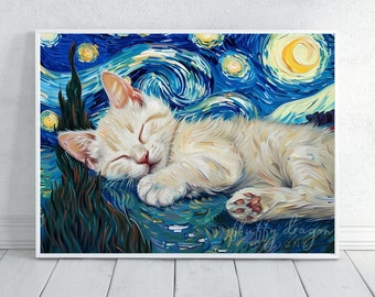White Cat Poster Print | Starry Night Wall Art | Cute Cat Decor for Home, Nursery, or Office | Unique Animal Artwork