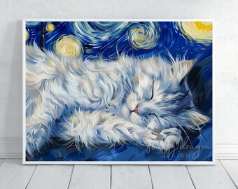 Cat Poster Starry Night | Rag Doll Art Print | Unique Pet Gift for Cat Lovers | Feline Wall Decor
