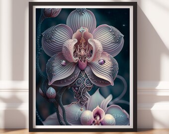 Dark Art, Flower Wall Print v7, Printable Art, Floral Prints, Digital Download, Dark Academia Decor, Black Painting