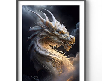 White Dragon Poster, Matte Vertical Posters, Dragon Wall Art, Fantasy Print