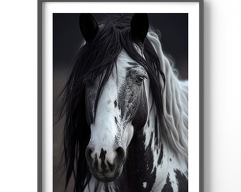 Spotted Horse Poster, Matte Vertical Posters, Equestrian Wall Art, Black and White Horse Print