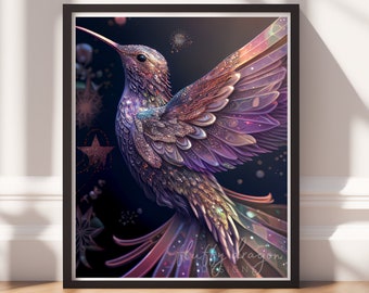 Celestial Hummingbird Wall Art - Fantasy Bird Digital Print, Cosmic Wildlife Decor, Mystical Nature Poster, Dreamy Animal Printable