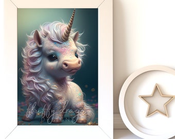 Whimsical Artwork - Unicorn Art Print Digital Download, Cute Animal Decor for Nursery & Kids Room