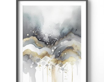 Gray Abstract Poster, Matte Vertical Wall Art, Watercolor Print with Gold Accents, Modern Home Decor, Minimalist Art Print
