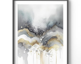 Gray Abstract Poster, Matte Vertical Posters, Watercolor Wall Art, Gold Print