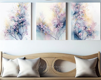 Cherry Blossom Digital Art, Tree Wall Art, Nature Wall Decor, Purple Gray Muted Watercolor Painting, Gallery Prints, Set of 3 Digital Prints