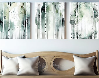 Birch Tree Prints, Watercolor Wall Art, Muted Wall Print, Gray, Green, Neutral Living Room Wall Art, Tree Forest Digital Prints Set of 3