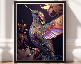 Hummingbird Artwork | Colorful Bird Art Print, Digital Download | Printable Animal Wall Decor, Nature Home Art