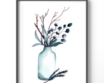 Vintage Flower Vase Poster, Watercolor Wall Art, Matte Vertical Print, Vintage Floral Decor for Home or Office