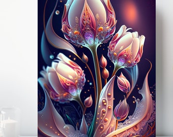 Ornate Tulips Canvas Print, Wrapped Canvas, Bejeweled Flower Wall Art, Ready to Hang