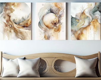 Abstract Living Room Wall Decor, Boho Watercolor Print, Modern Neutral Art, Gold Beige Gray Wall Decor, Minimalist, Digital Prints Set of 3