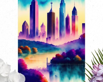 Cityscape Poster - Watercolor Cityscape Art, Colorful Matte Vertical Wall Art for Home Decor & Office