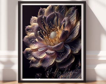 Dark Art, Flower Wall Print v2, Printable Art, Floral Prints, Digital Download, Dark Academia Decor, Black Painting