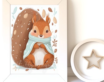 Baby Animal Prints, Squirrel v12, Digital Download, Instant Print, Woodland Animals, Nursery Wall Art, Gender Neutral