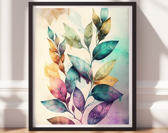 Botanical Art v1, Digital Download, Printable Art, Colorful Painting, Modern Prints, Leaves Decor, Abstract Painting