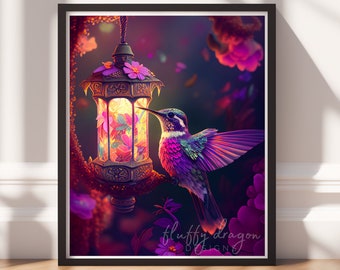 Hummingbird Digital Art Print, Bird Wall Art, Digital Download, Bird Gifts, Fantasy Artwork, Wildlife Wall Decor