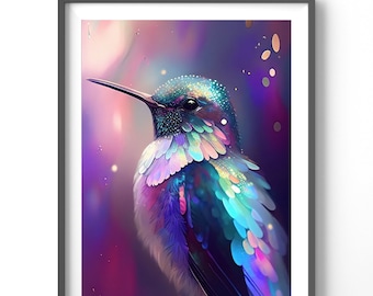 Holographic Hummingbird Poster, Matte Vertical Posters, Bird Wall Art, Black and Colorful Animal Print